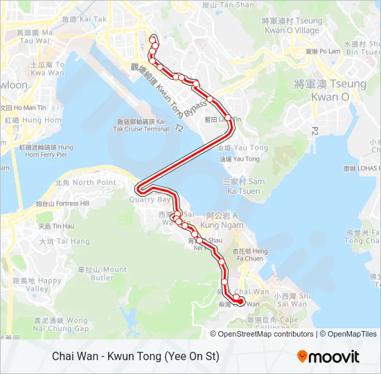 巴士柴灣 - 觀塘(宜安街)/ 九龍灣 KOWLOON BAY的線路圖