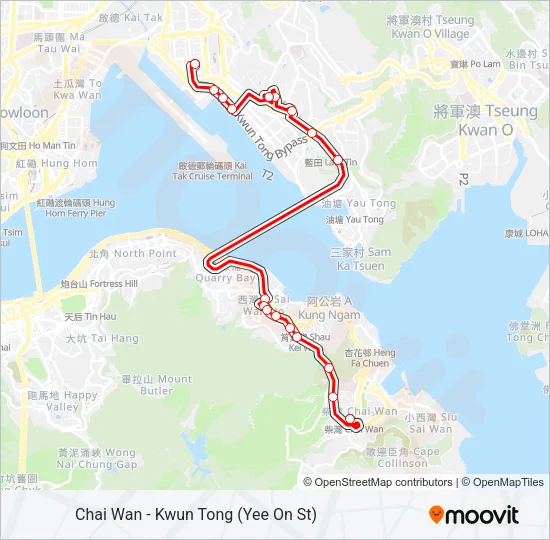 巴士柴灣 - 觀塘(宜安街)/ 九龍灣 KOWLOON BAY的線路圖