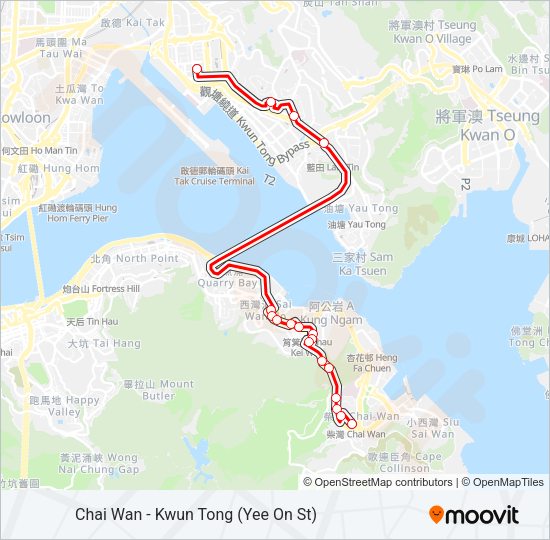 巴士柴灣 - 觀塘(宜安街)/ 九龍灣 KOWLOON BAY的線路圖