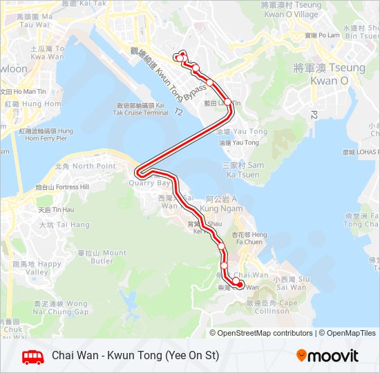 巴士柴灣 - 觀塘(宜安街)/ 九龍灣 KOWLOON BAY的線路圖