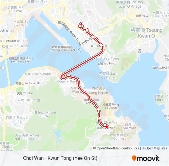 巴士柴灣 - 觀塘(宜安街)/ 九龍灣 KOWLOON BAY的線路圖