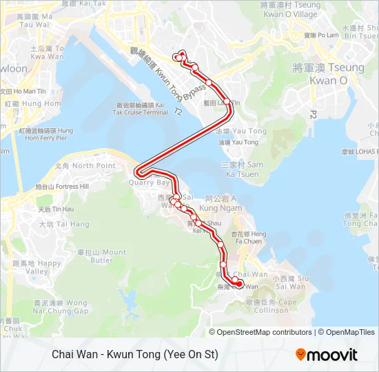 巴士柴灣 - 觀塘(宜安街)/ 九龍灣 KOWLOON BAY的線路圖