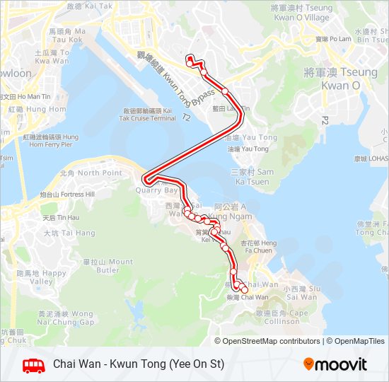 柴灣觀塘宜安街九龍灣Kowloon Bay路線：時刻表，站點和地圖-柴灣站Chai Wan Station （更新）
