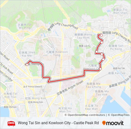 巴士黃大仙／九龍城 — 青山道的線路圖
