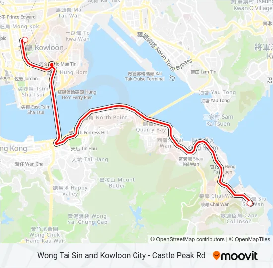 巴士黃大仙／九龍城 — 青山道的線路圖