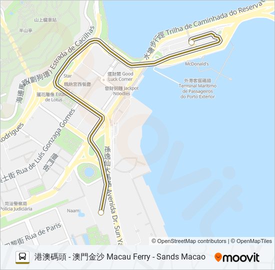 巴士港澳碼頭 - 澳門金沙 MACAU FERRY - SANDS MACAO的線路圖