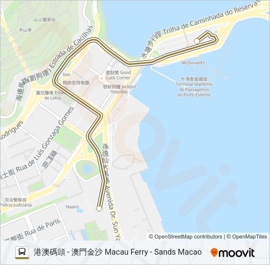 巴士港澳碼頭 - 澳門金沙 MACAU FERRY - SANDS MACAO的線路圖