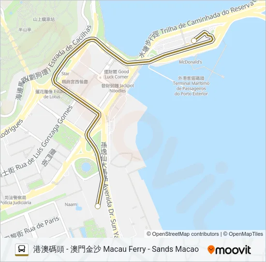 巴士港澳碼頭 - 澳門金沙 MACAU FERRY - SANDS MACAO的線路圖