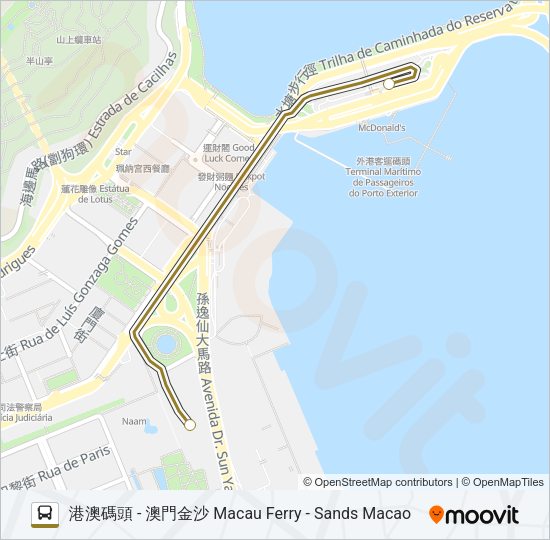 巴士港澳碼頭 - 澳門金沙 MACAU FERRY - SANDS MACAO的線路圖