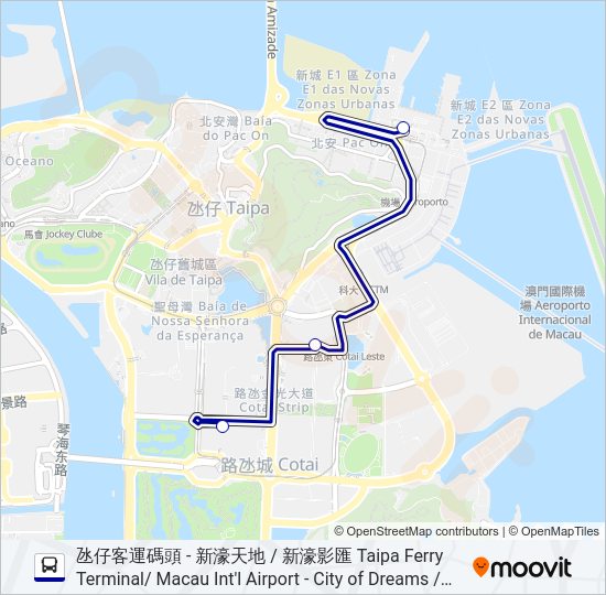 氹仔客運碼頭 - 新濠天地 / 新濠影匯 TAIPA FERRY TERMINAL/ MACAU INT'L AIRPORT  - CITY OF DREAMS / STUDIO CITY Bus Line Map