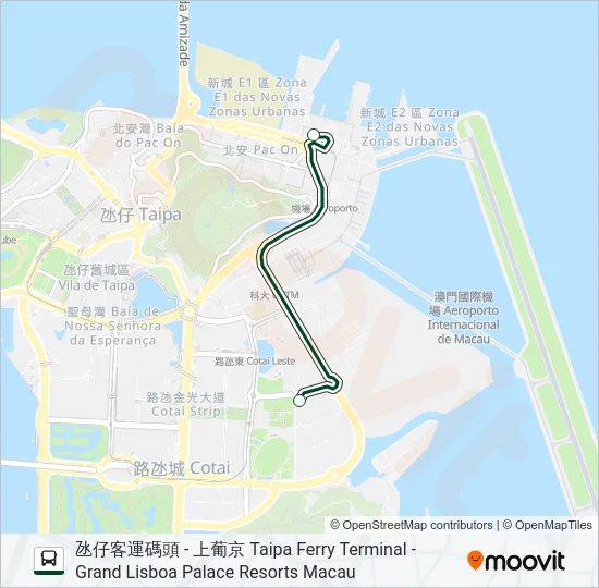 氹仔客運碼頭 - 上葡京 TAIPA FERRY TERMINAL - GRAND LISBOA PALACE RESORTS MACAU Bus Line Map