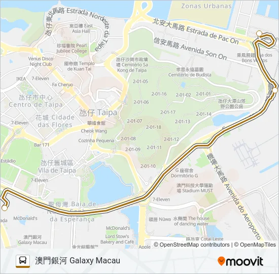巴士氹仔碼頭／澳門國際機場 - 澳門銀河 TAIPA FERRY TERMINAL / MACAU INT'L AIRPORT - GALAXY MACAU的線路圖