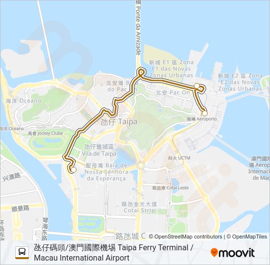 巴士氹仔碼頭／澳門國際機場 - 澳門銀河 TAIPA FERRY TERMINAL / MACAU INT'L AIRPORT - GALAXY MACAU的線路圖