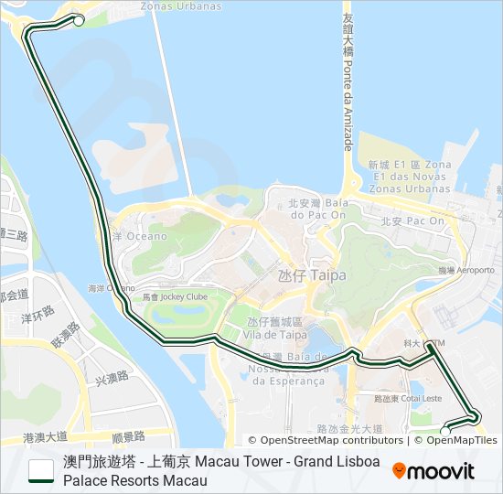 巴士澳門旅遊塔 - 上葡京 MACAU TOWER - GRAND LISBOA PALACE RESORTS MACAU的線路圖