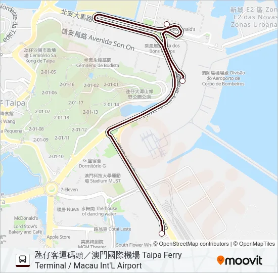 巴士氹仔客運碼頭／澳門機場 - 永利皇宮 TAIPA FERRY TERMINAL / MACAU INTERNATIONAL AIRPORT - WYNN PALACE的線路圖