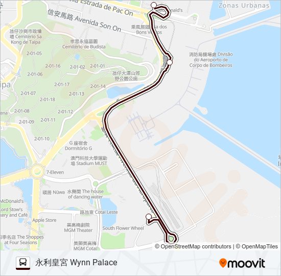 巴士氹仔客運碼頭／澳門機場 - 永利皇宮 TAIPA FERRY TERMINAL / MACAU INTERNATIONAL AIRPORT - WYNN PALACE的線路圖