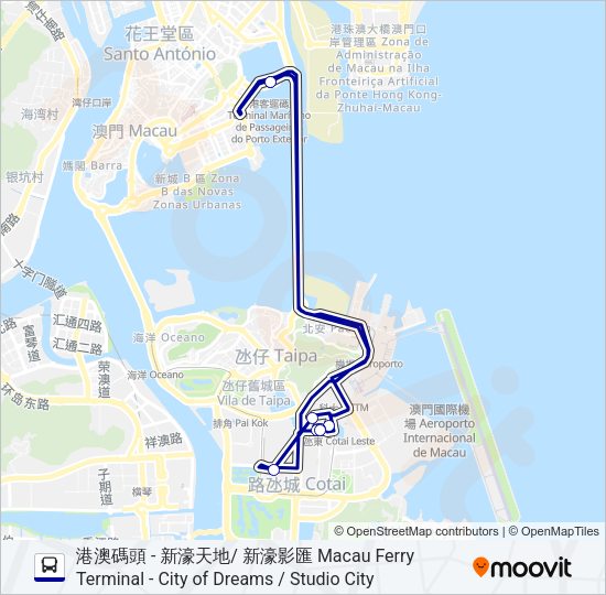 巴士港澳碼頭 - 新濠天地/ 新濠影匯 MACAU FERRY TERMINAL - CITY OF DREAMS / STUDIO CITY的線路圖
