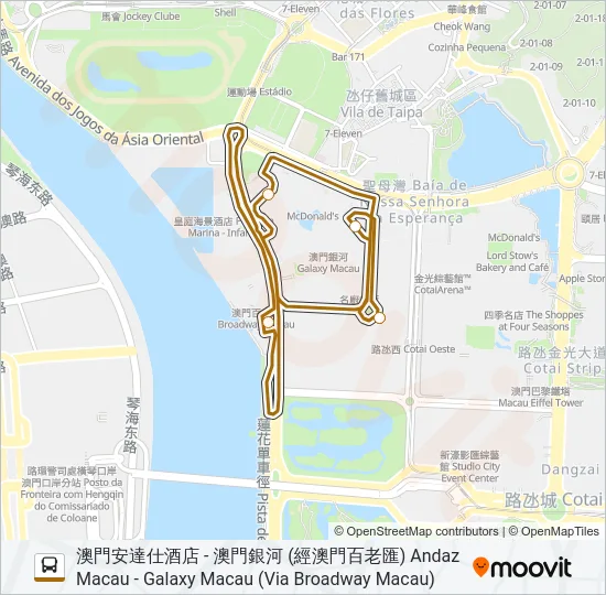 澳門安達仕酒店 - 澳門銀河 (經澳門百老匯) ANDAZ MACAU - GALAXY MACAU (VIA BROADWAY MACAU) Bus Line Map