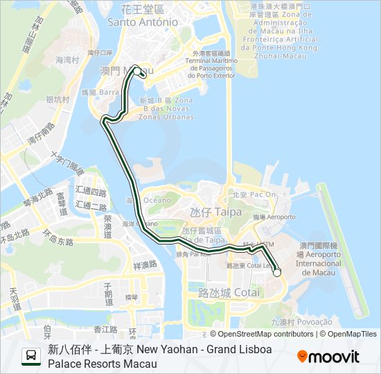 巴士新八佰伴 - 上葡京 NEW YAOHAN - GRAND LISBOA PALACE RESORTS MACAU的線路圖