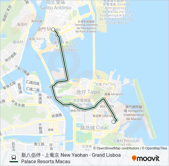 巴士新八佰伴 - 上葡京 NEW YAOHAN - GRAND LISBOA PALACE RESORTS MACAU的線路圖
