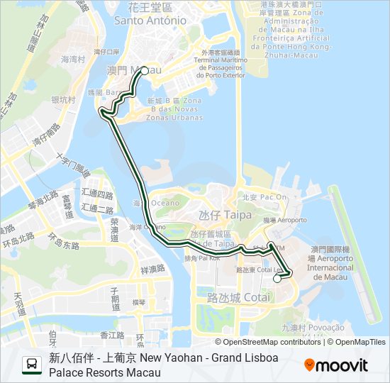 巴士新八佰伴 - 上葡京 NEW YAOHAN - GRAND LISBOA PALACE RESORTS MACAU的線路圖