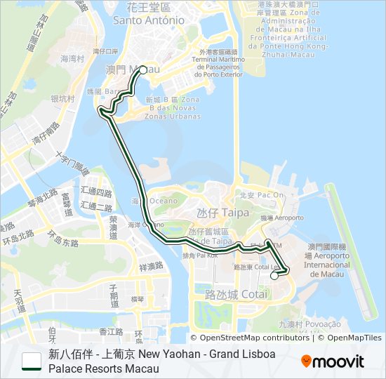 巴士新八佰伴 - 上葡京 NEW YAOHAN - GRAND LISBOA PALACE RESORTS MACAU的線路圖