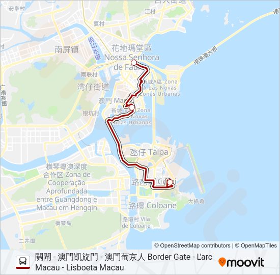 巴士關閘 - 澳門凱旋門 - 澳門葡京人 BORDER GATE - L'ARC MACAU - LISBOETA MACAU的線路圖