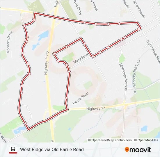 WEST RIDGE VIA OLD BARRIE ROAD Bus Line Map