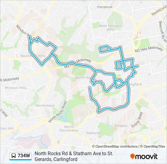 734W bus Line Map