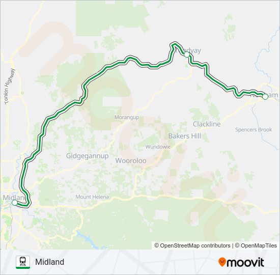 MIDLAND STN TRANSWA MIDLAND - NORTHAM STN TRANSWA NORTHAM Train Line Map