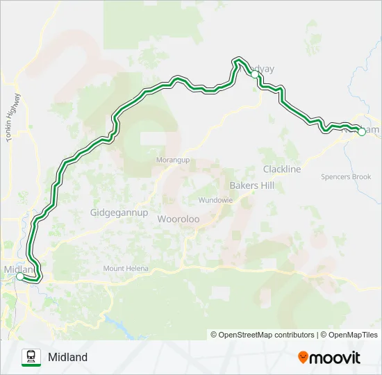 MIDLAND STN TRANSWA MIDLAND - NORTHAM STN TRANSWA NORTHAM Train Line Map