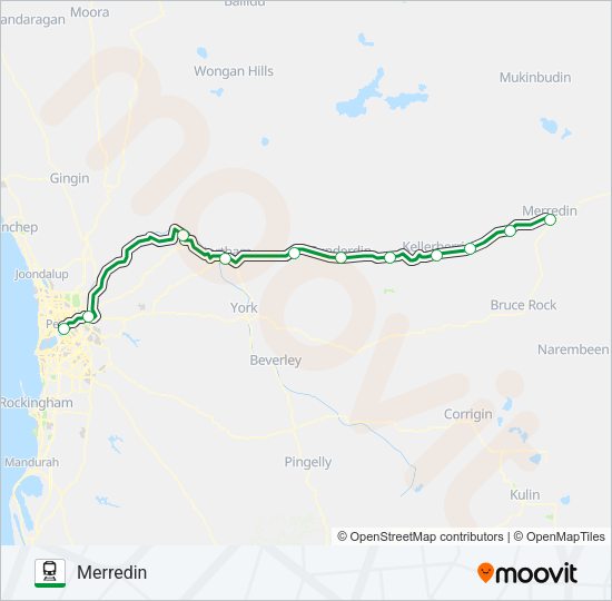 EAST PERTH STN TRANSWA EAST PERTH - MERREDIN STN TRANSWA MERREDIN Train Line Map