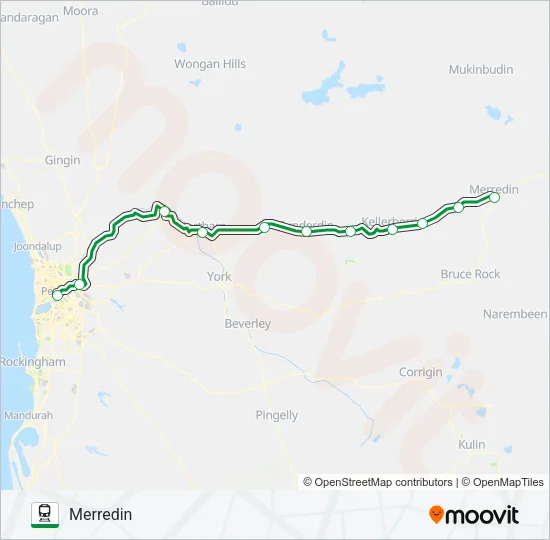 EAST PERTH STN TRANSWA EAST PERTH - MERREDIN STN TRANSWA MERREDIN Train Line Map