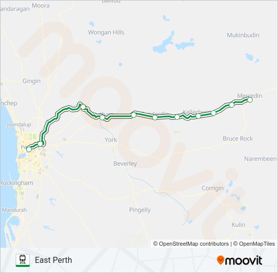 EAST PERTH STN TRANSWA EAST PERTH - MERREDIN STN TRANSWA MERREDIN train Line Map