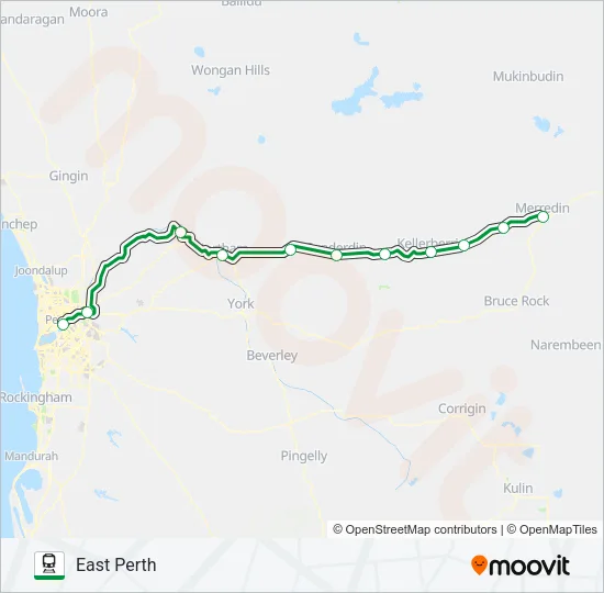 EAST PERTH STN TRANSWA EAST PERTH - MERREDIN STN TRANSWA MERREDIN Train Line Map