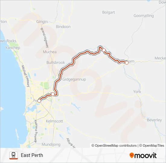 Transwa Train Map EAST PERTH STN TRANSWA EAST PERTH NORTHAM STN TRANSWA NORTHAM Route ...