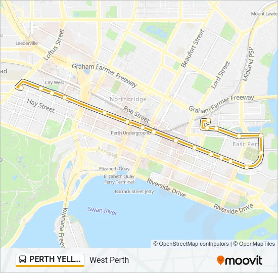 PERTH YELLOW CAT Bus Line Map
