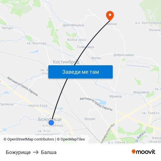 Божурище to Балша map