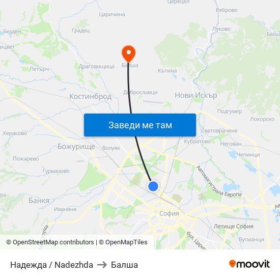 Надежда / Nadezhda to Балша map