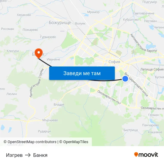 Изгрев to Банкя map