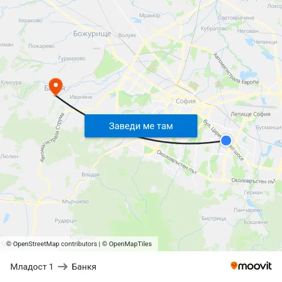Младост 1 to Банкя map