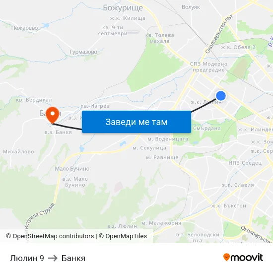 Люлин 9 to Банкя map