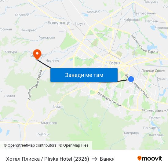 Хотел Плиска / Pliska Hotel (2326) to Банкя map