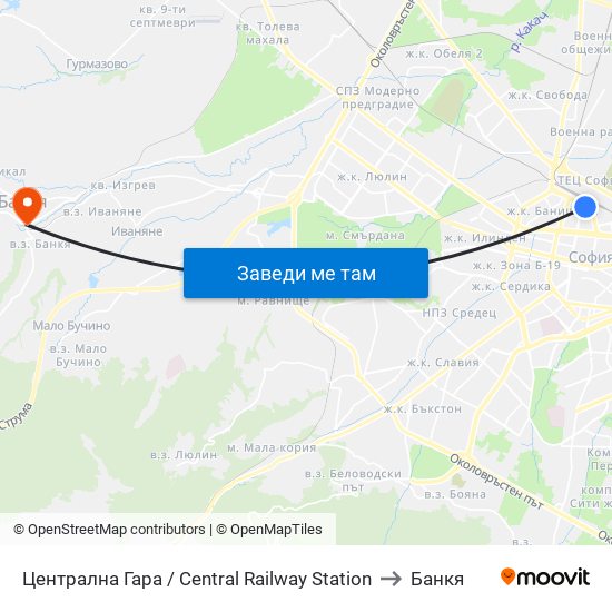 Централна Гара / Central Railway Station to Банкя map