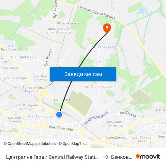 Централна Гара / Central Railway Station (1327) to Бенковски map