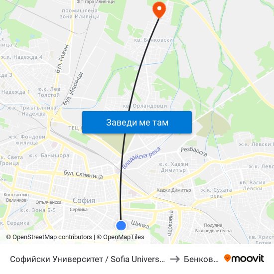 Софийски Университет / Sofia University (1700) to Бенковски map