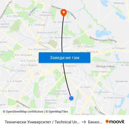Технически Университет / Technical University (1743) to Бенковски map