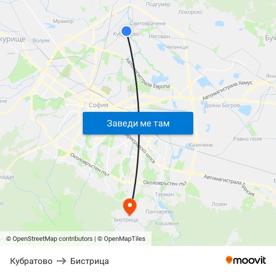 Кубратово to Бистрица map