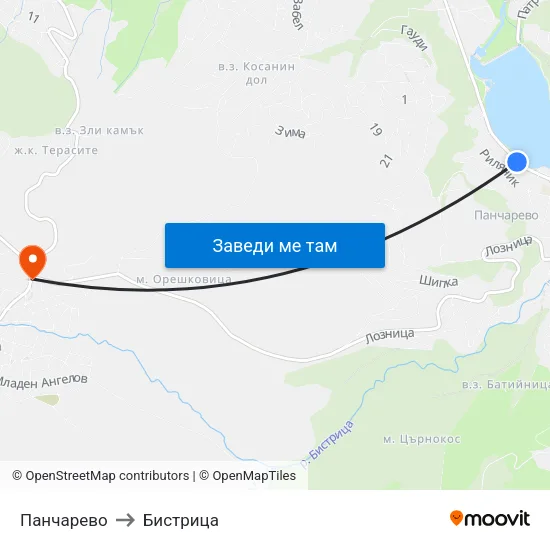 Панчарево to Бистрица map