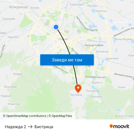 Надежда 2 to Бистрица map